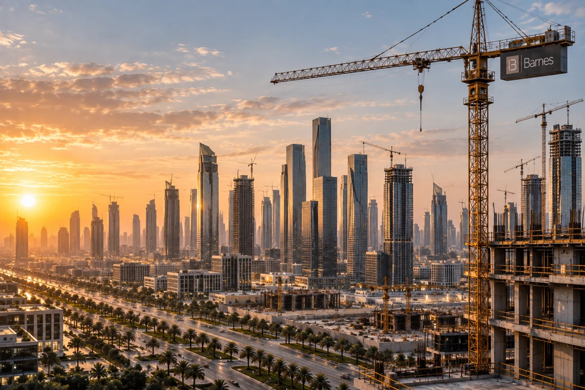 Illustrative view of a growing urban district with towers and construction activity