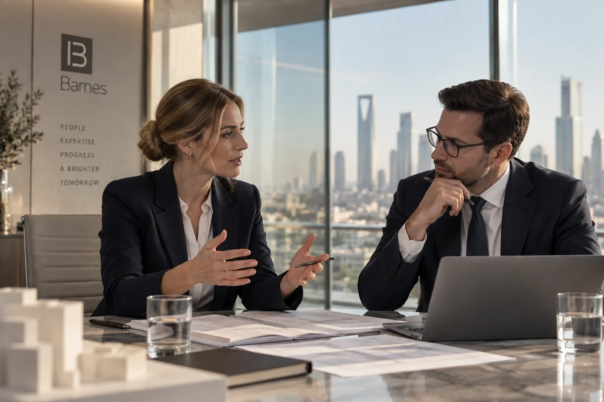 Illustrative Barnes-branded scene of two professionals discussing drawings